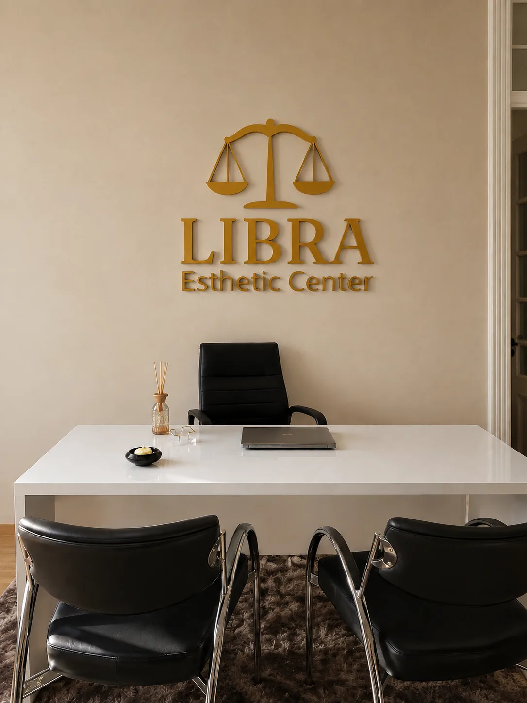 Logotipo de Libra Esthetic Center en dorado sobre la pared de la recepción